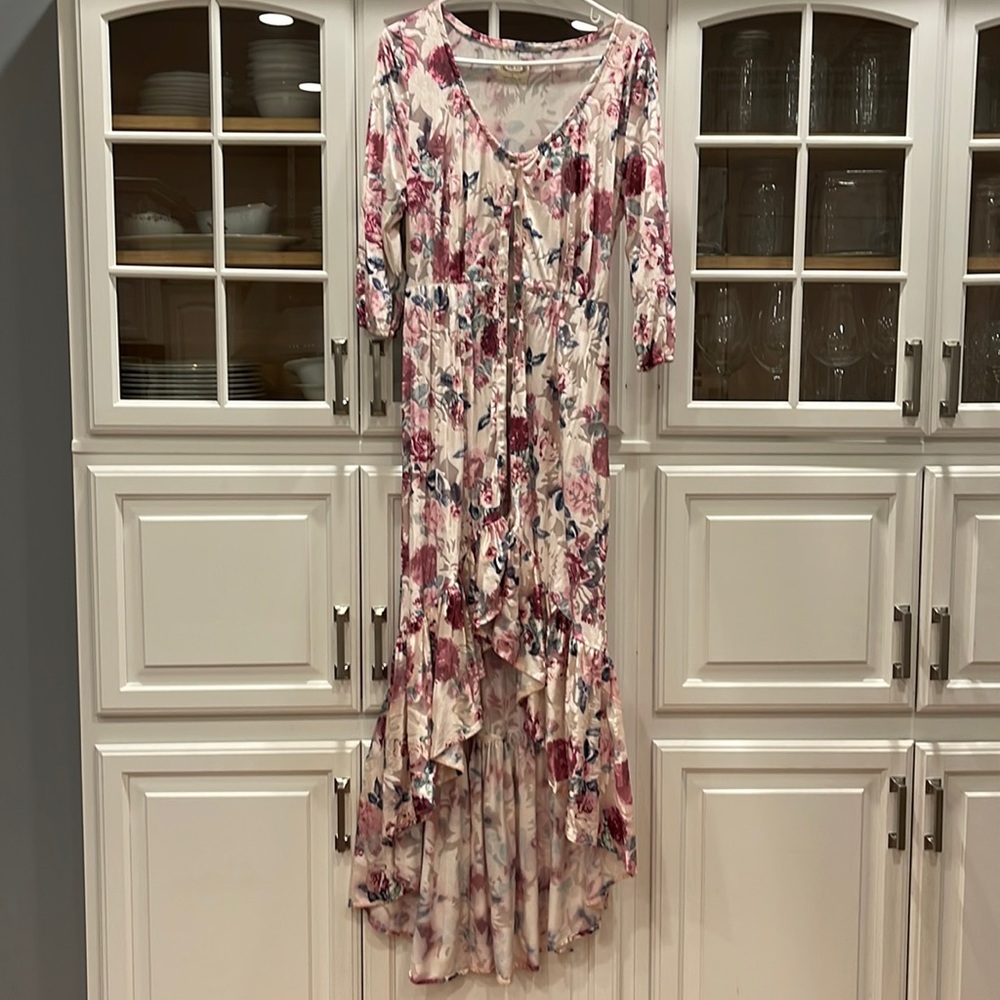 Joyfolie (L) maxi shirt dress,kimono, duster Velvet,covered buttons, Ruffled hem